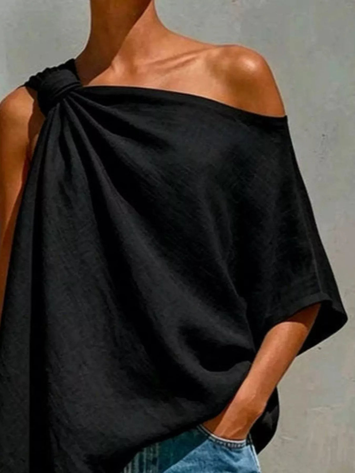 Full Size One-Shoulder Knot Detail Blouse Plus Size
