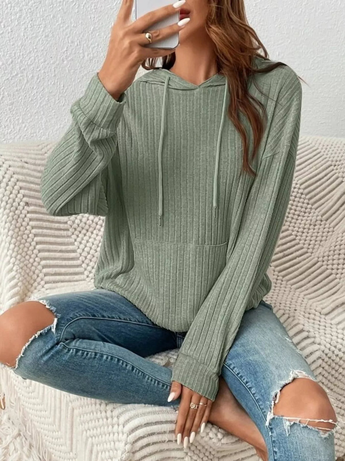 Casual Ribbed Knit Drawstring Hoodie - Lilixa.store