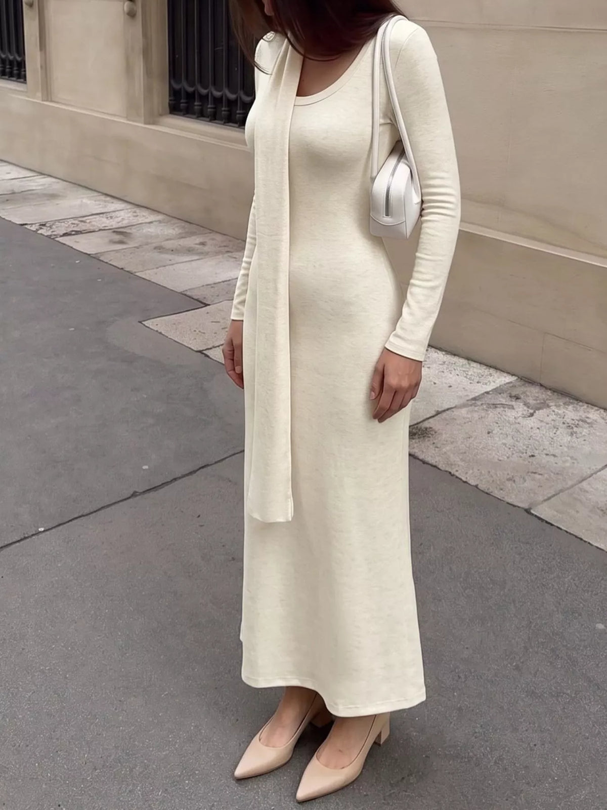 Round Neck Maxi Knit Dress with Matching Scarf - Lilixa.store