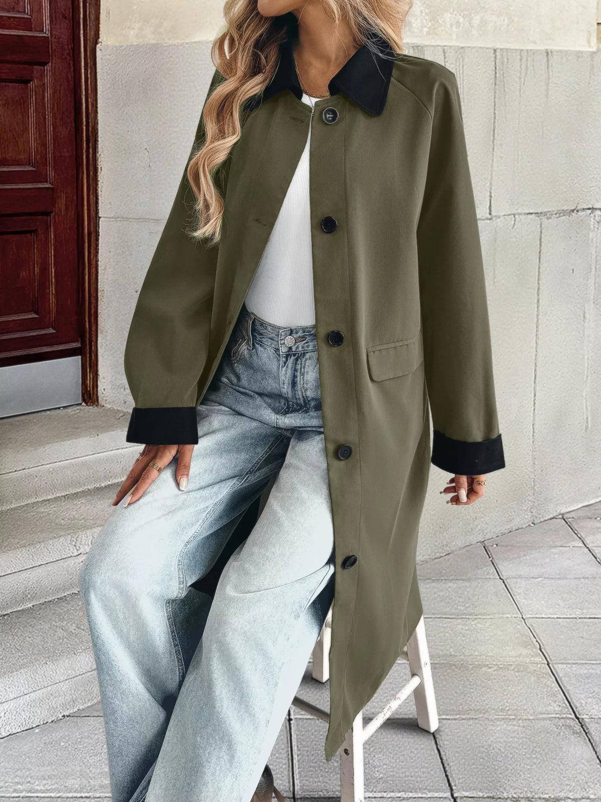 Contrast Collar Button Up Coat in Green, view 4
