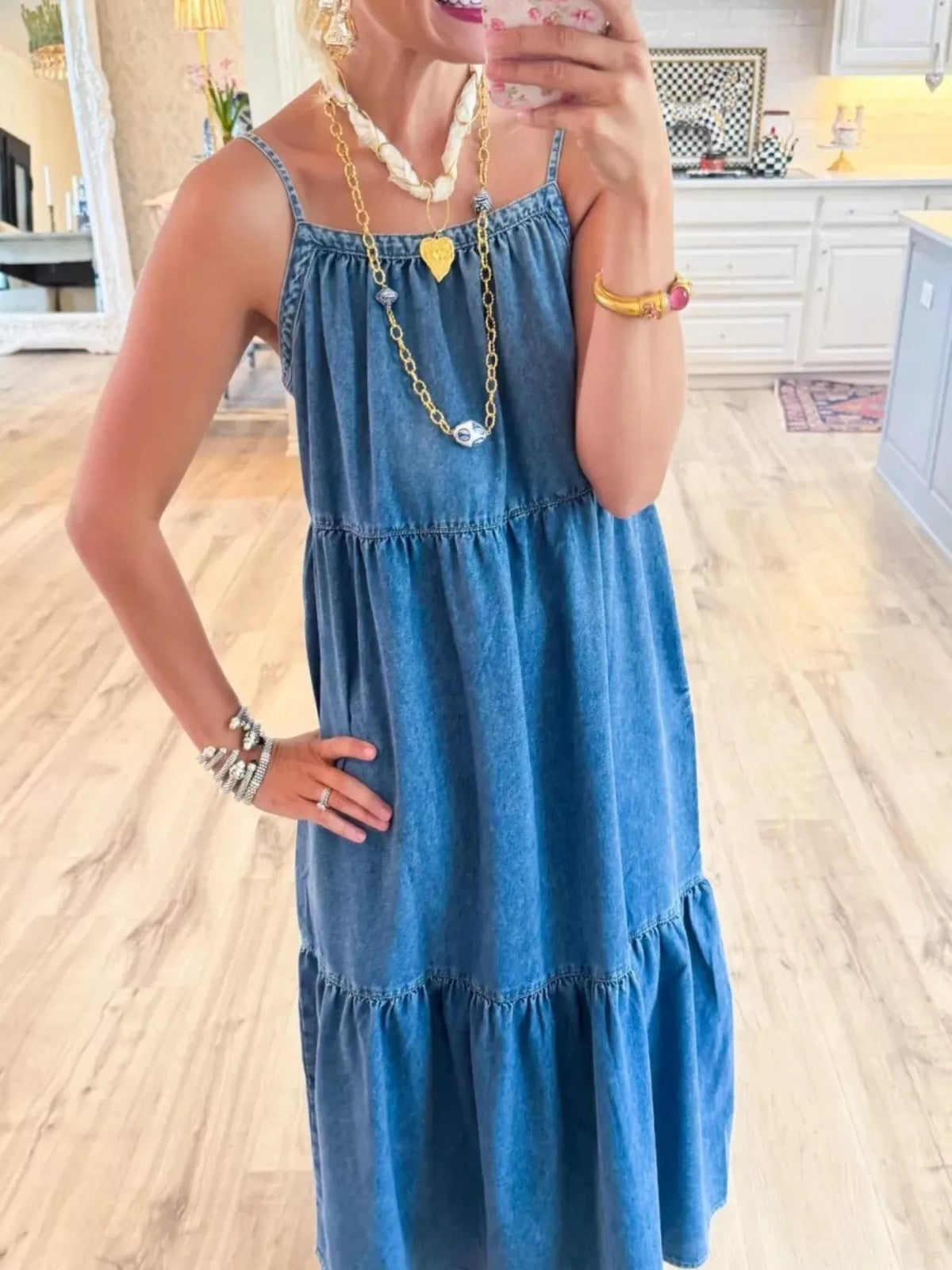 Full Size Tiered Ruffle Hem Denim Dress Plus Size in Blue, view 2