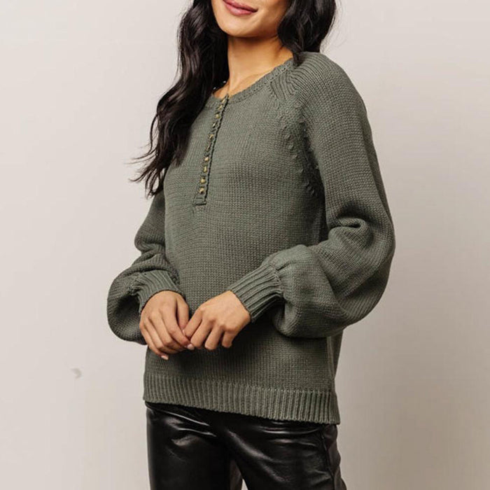 Buttoned Round Neck Long Sleeve Sweater in Army Green