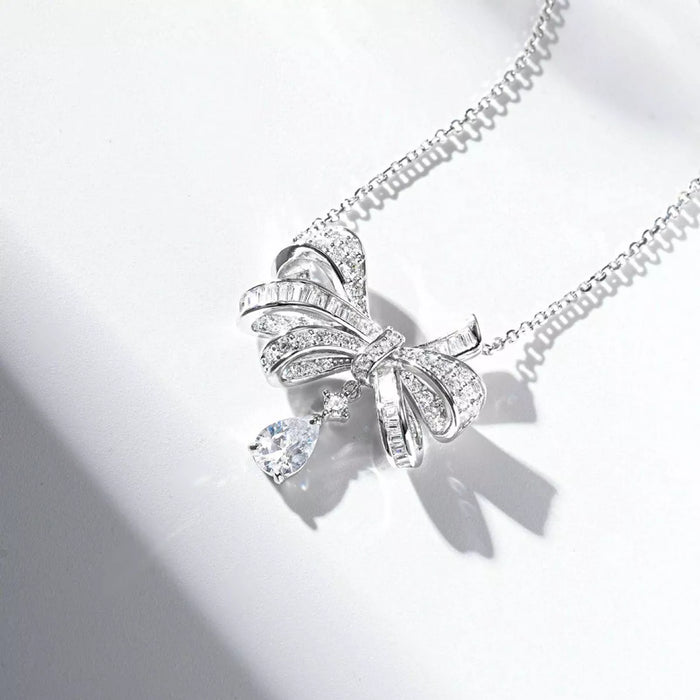 925 Sterling Silver Zircon Bow Teardrop Necklace - Lilixa.store