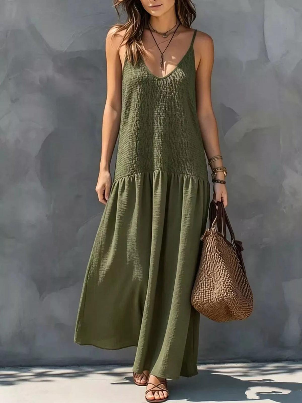 Sleeveless Smocked V-Neck Casual Maxi Dress - Lilixa.store