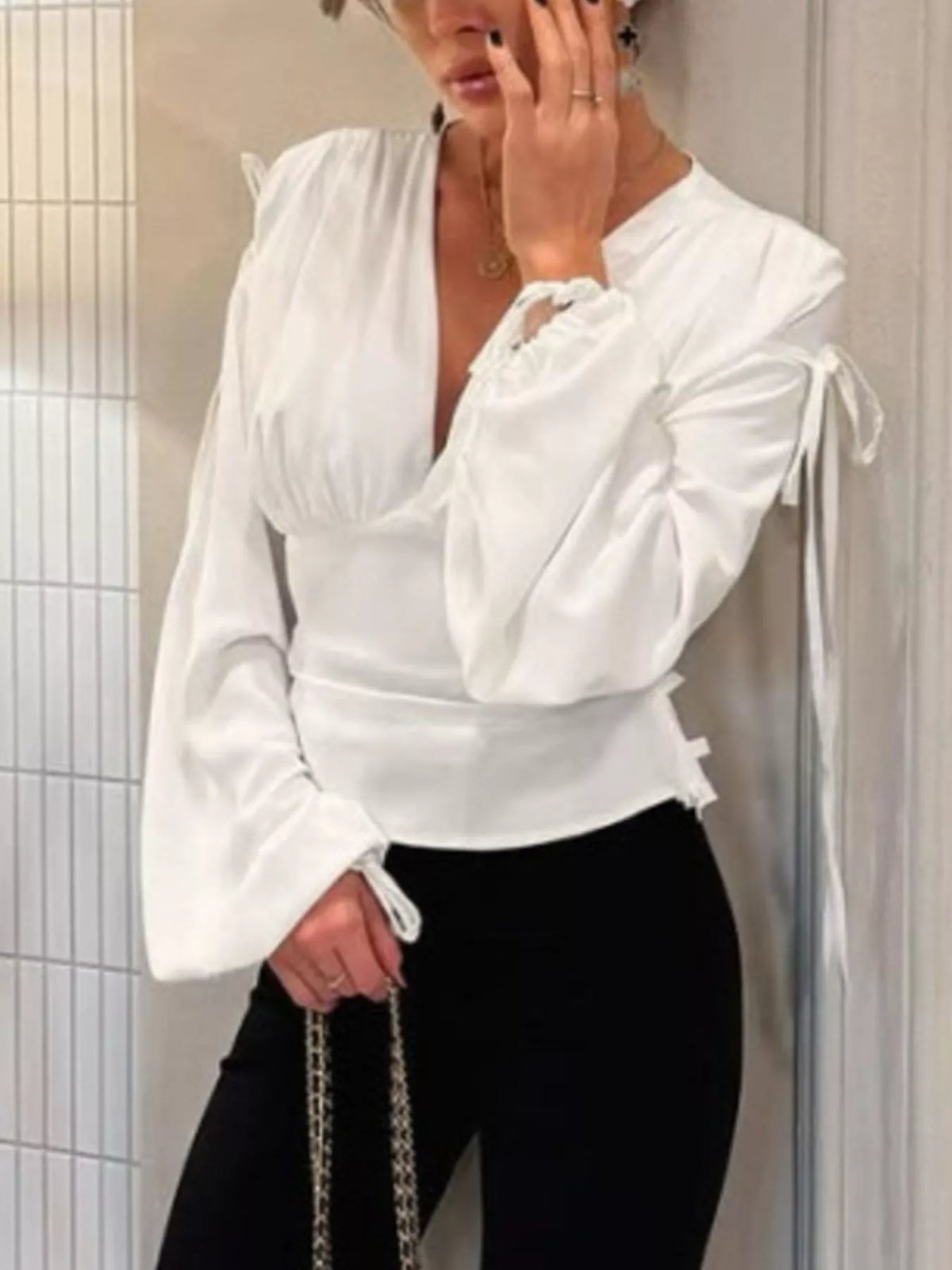 Tied V-Neck Balloon Sleeve Blouse in White, view 4