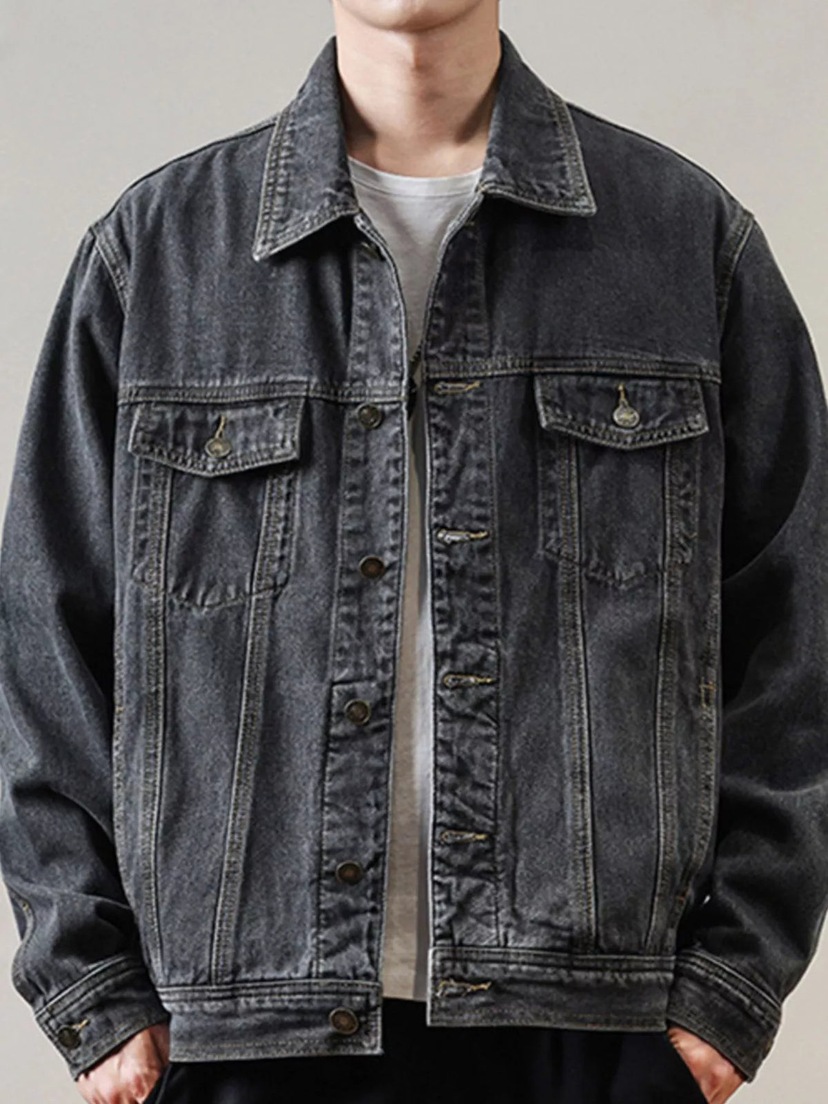 Men's Full Size Classic Washed Denim Jacket with Chest Pockets Plus Size - Lilixa.store