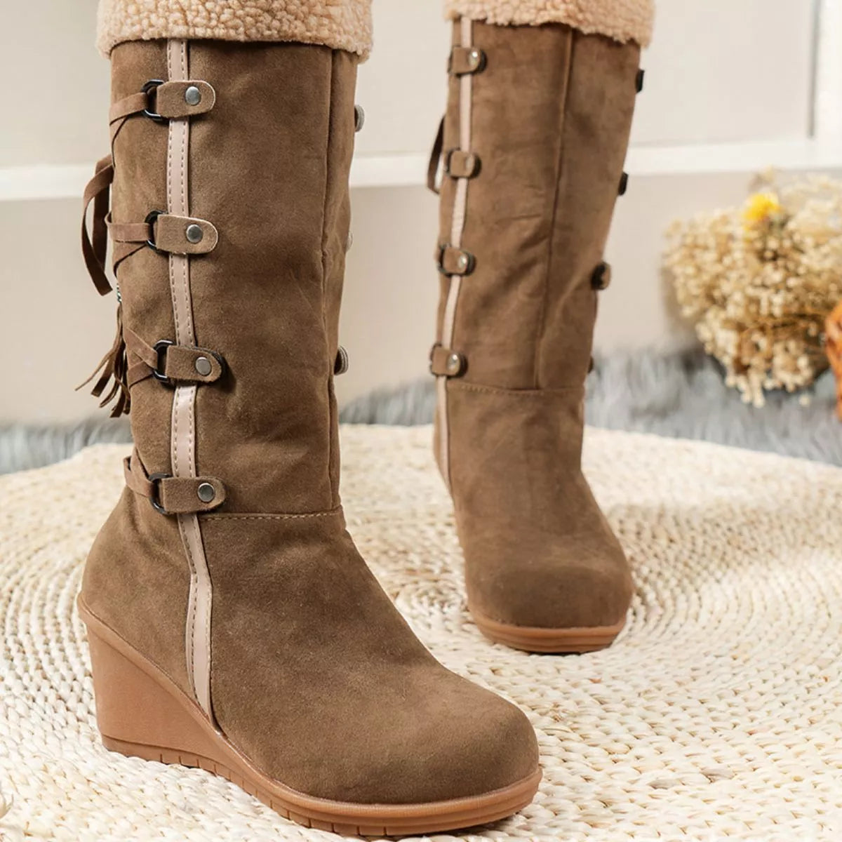 Faux Fur Lined Suede Wedge Boots with Lace-Up Detail, view 8