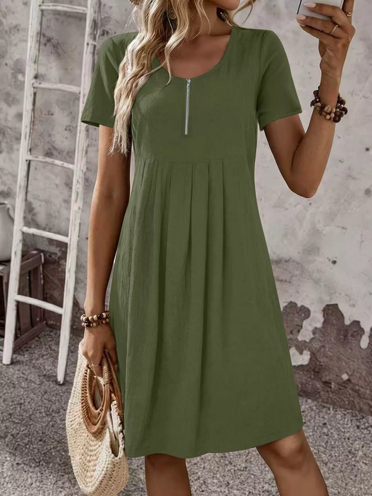 Zipper-Front Short Sleeve A-Line Dress - Lilixa.store