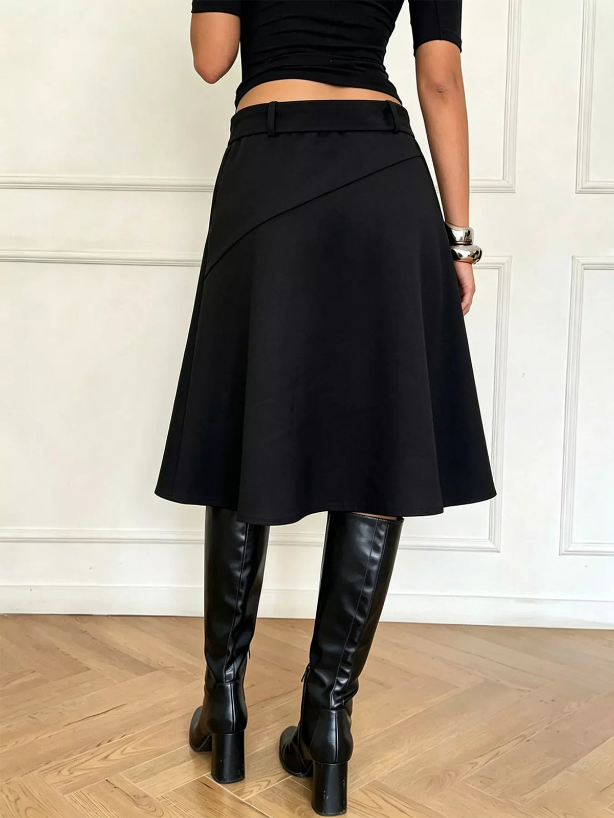 High-Waisted A-Line Midi Skirt with Belted Detail in Black, view 7