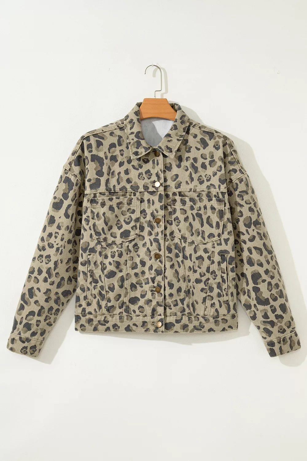Leopard Print Seam Detail Button Down Denim Jacket, view 3