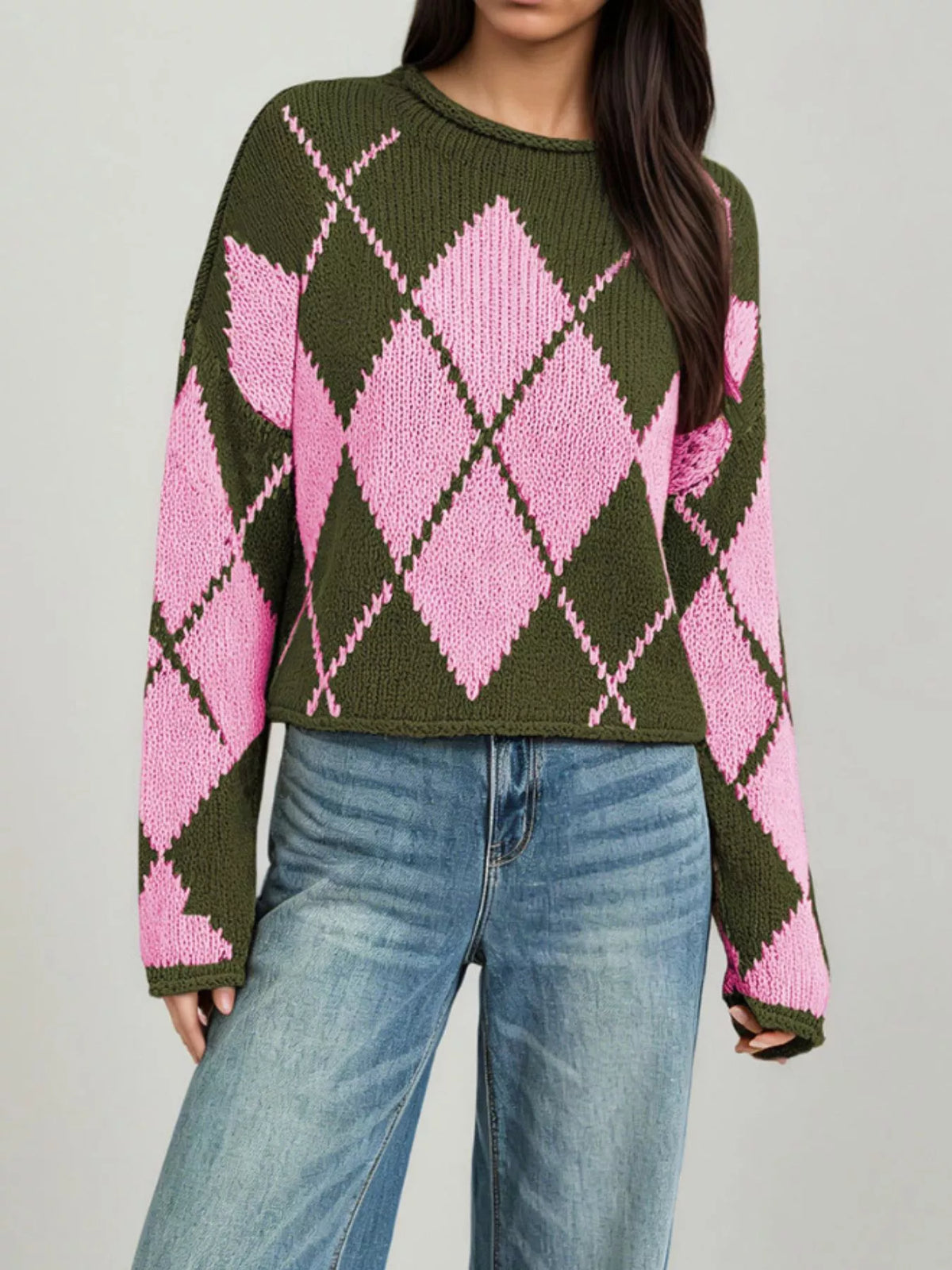 Argyle Pattern Knit Dropped Shoulder Sweater