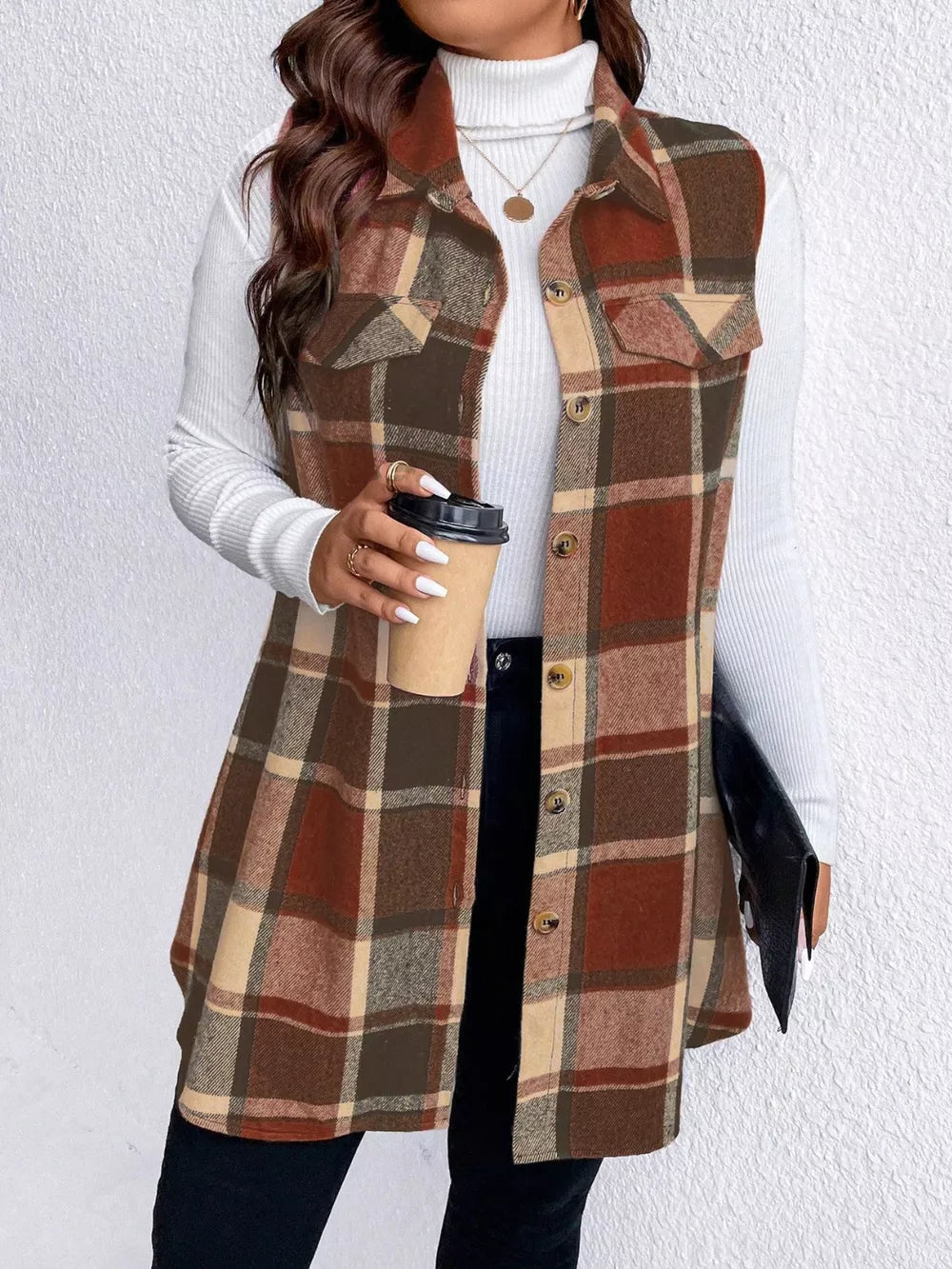 Honey Plus Size Pocketed Plaid Button Up Vest Coat, view 18
