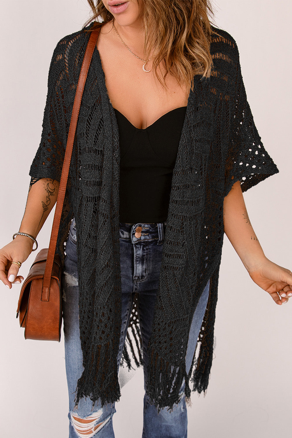 Fringe Hem Slit Open Front Cardigan, view 2