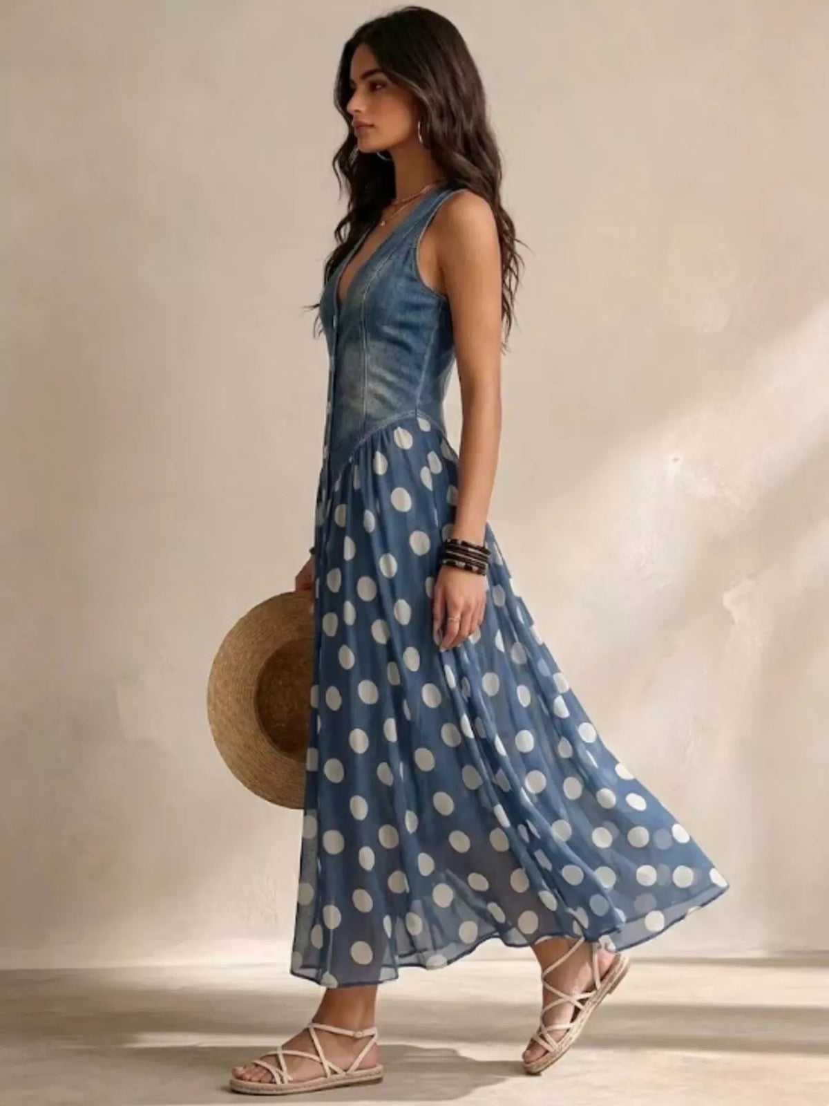 Polka Dot Denim Bodice Sleeveless Maxi Dress, view 3