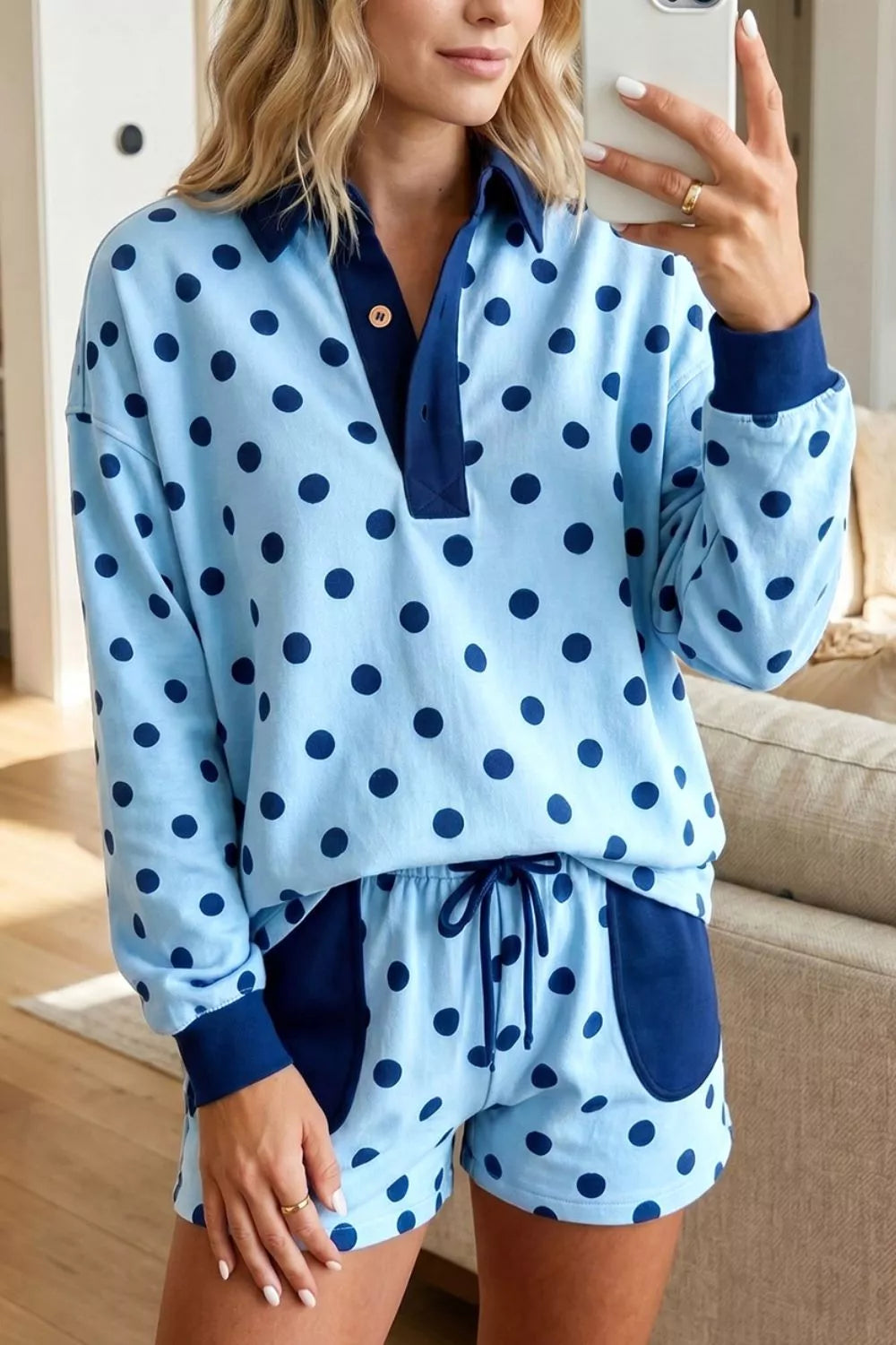 Polka Dot Drop Shoulder Polo Loose Pullover Patch Pocket Casual Shorts Set - Lilixa.store