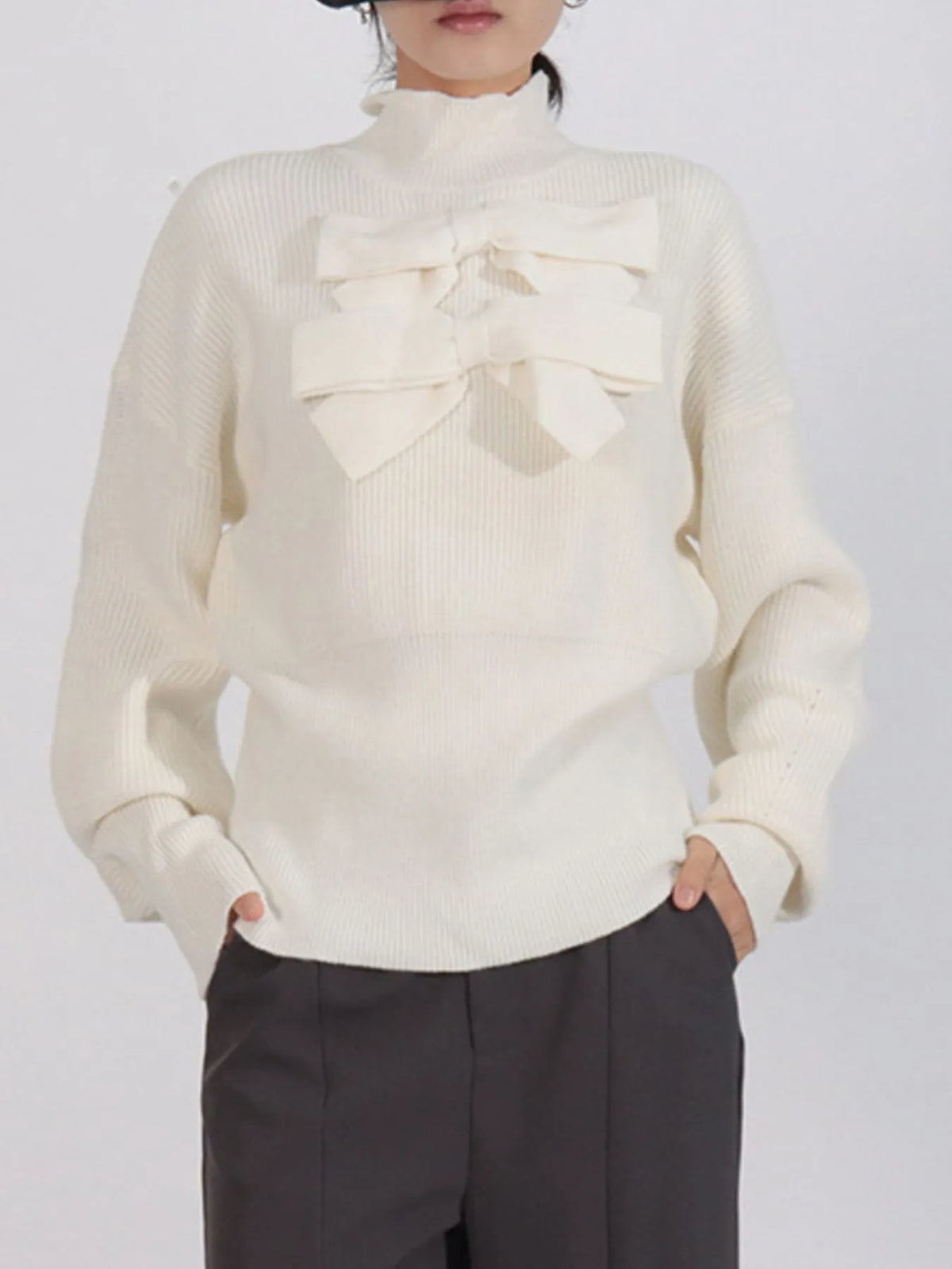 Bow Front Turtleneck Long Sleeve Sweater