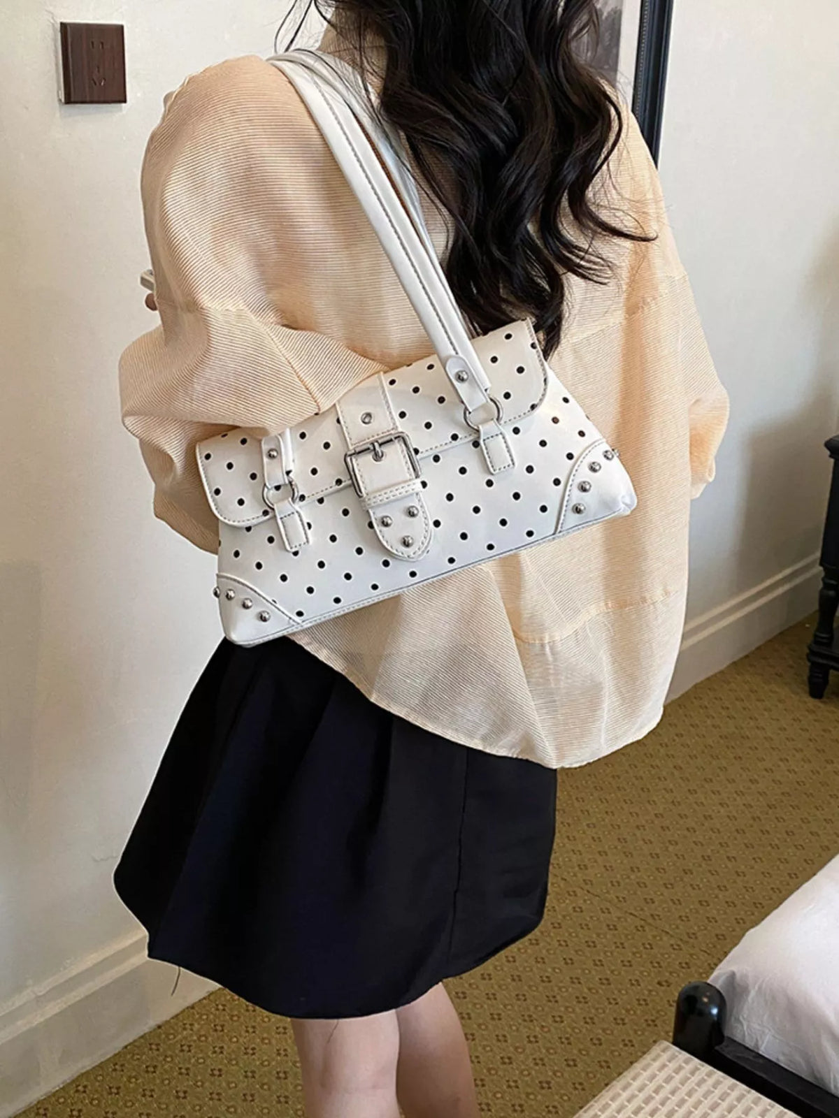 Polka Dot Studded Shoulder Bag - Lilixa.store