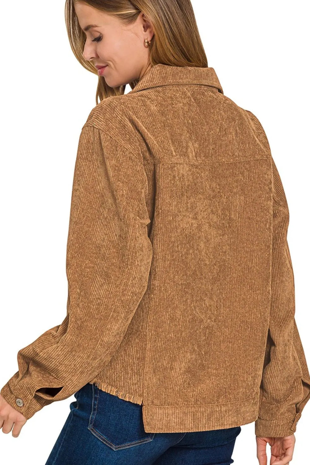 Zenana Distressed Corduroy Frayed Hem Cropped Jacket in Deep Camel, view 3