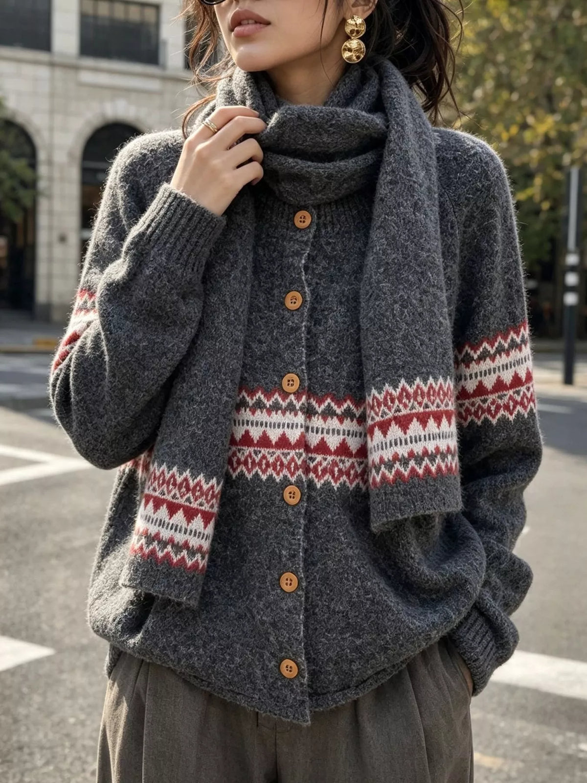 Geometric Button Down Knit Cardigan in Dark Gray