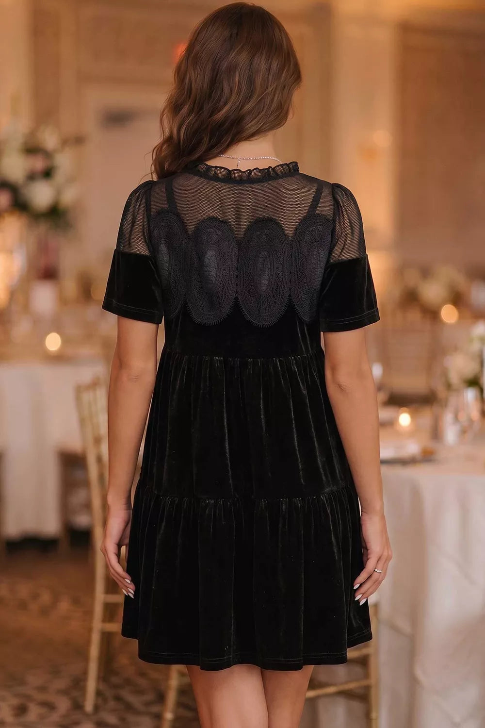 Embroidered Velvet Short Sleeve Mini Shift Dress in Black, view 2