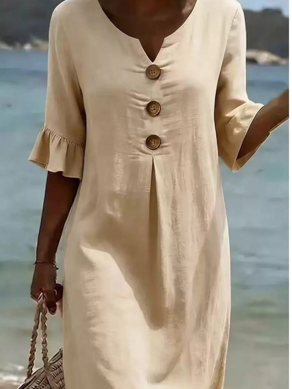 Full Size Decorative Button Ruffle Half Sleeve Dress Plus Size - Lilixa.store