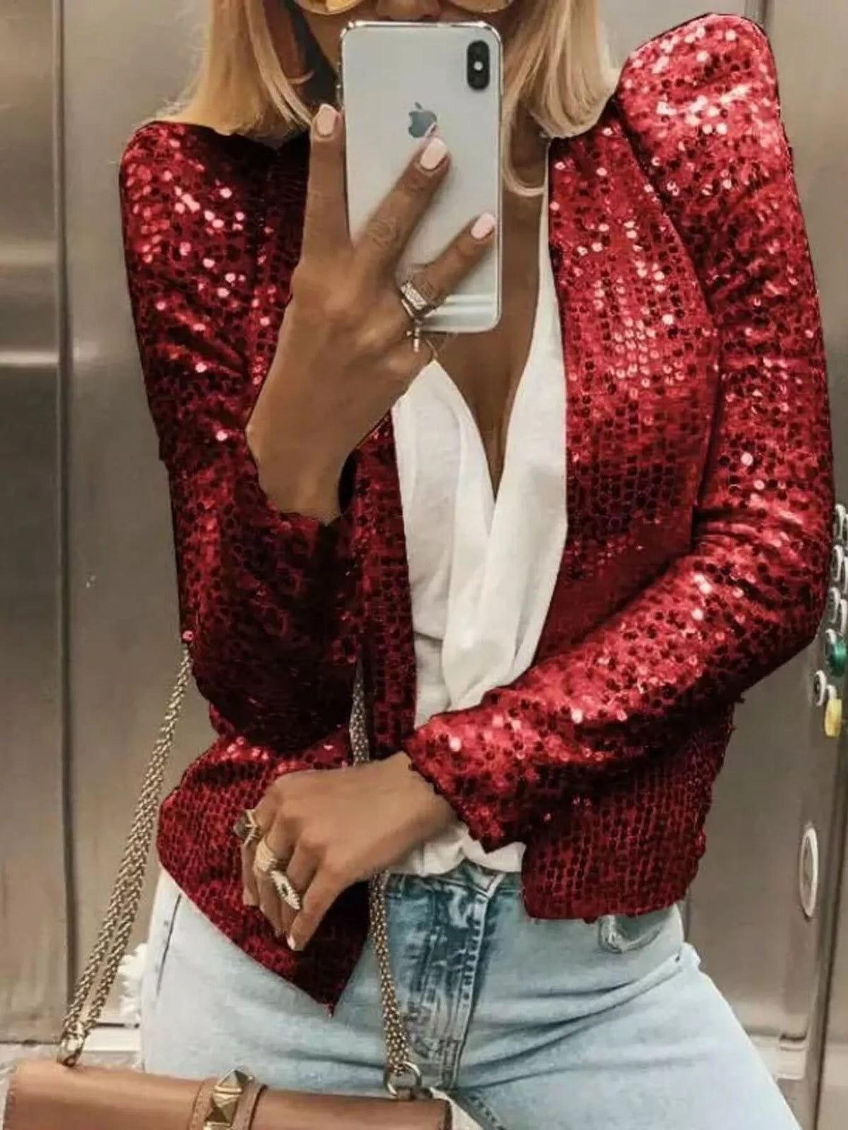 Full Size Sequin Long Sleeve Jacket Plus Size in Red