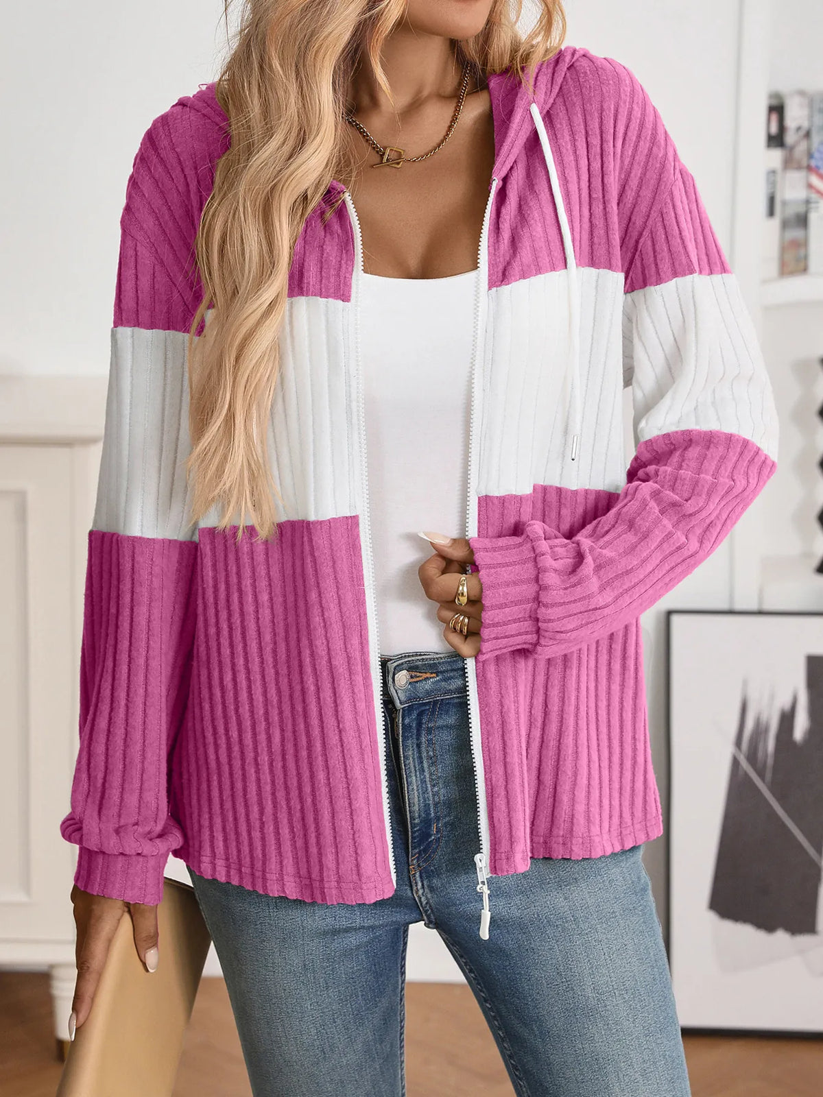 Drawstring Color Block Zip Up Outerwear - Lilixa.store