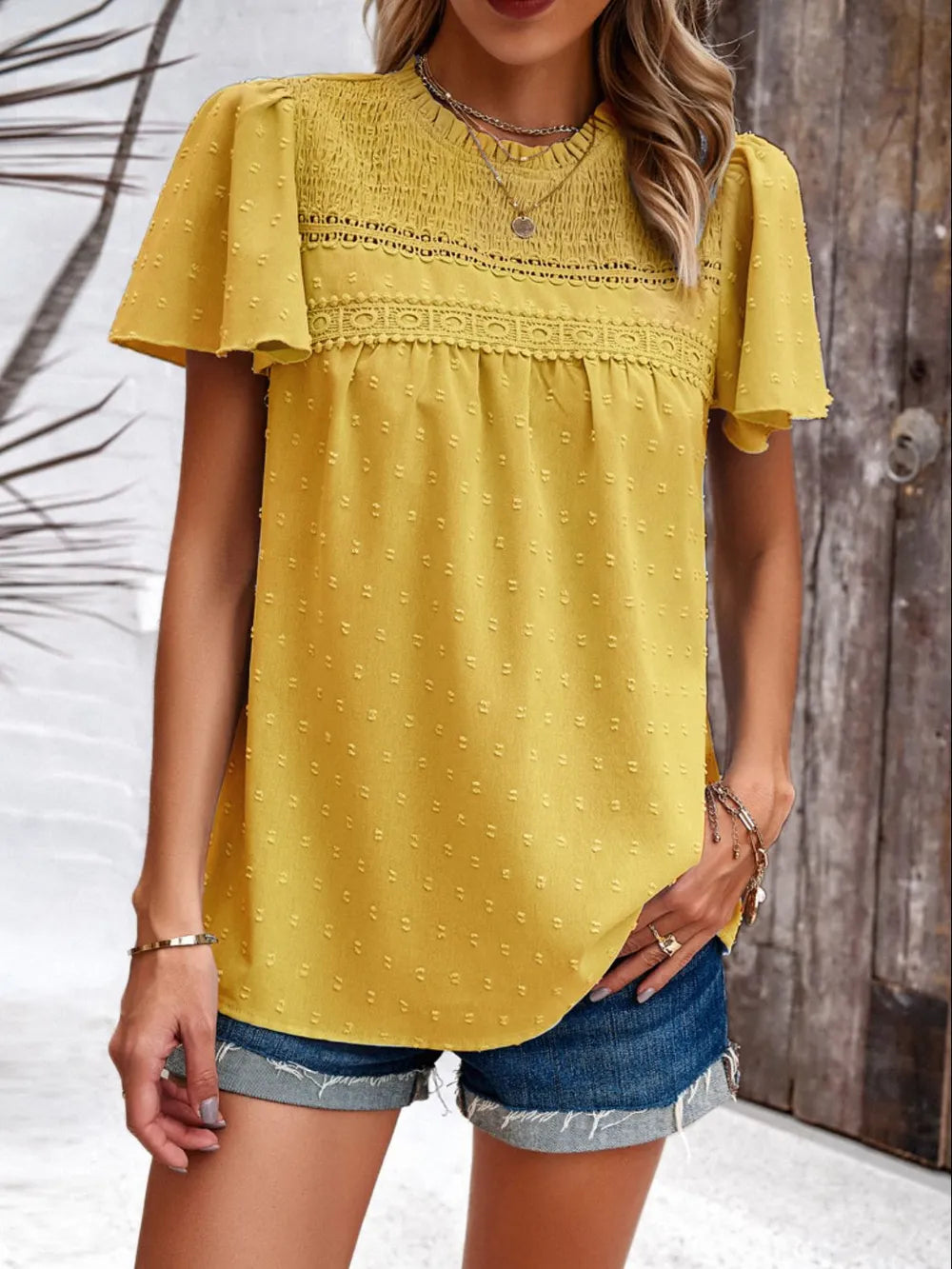 Devine Swiss Dot Smocked Round Neck Short Sleeve Blouse - Lilixa.store