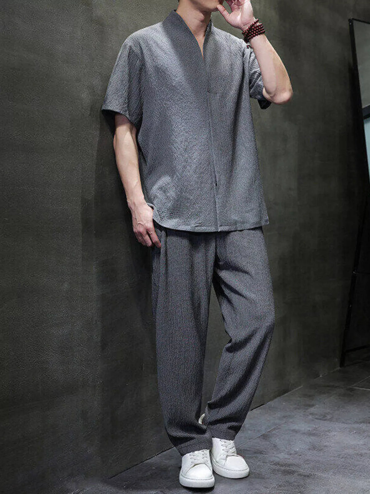 Men's Plus Size Casual Short Sleeve Top and Pants Set in Gray