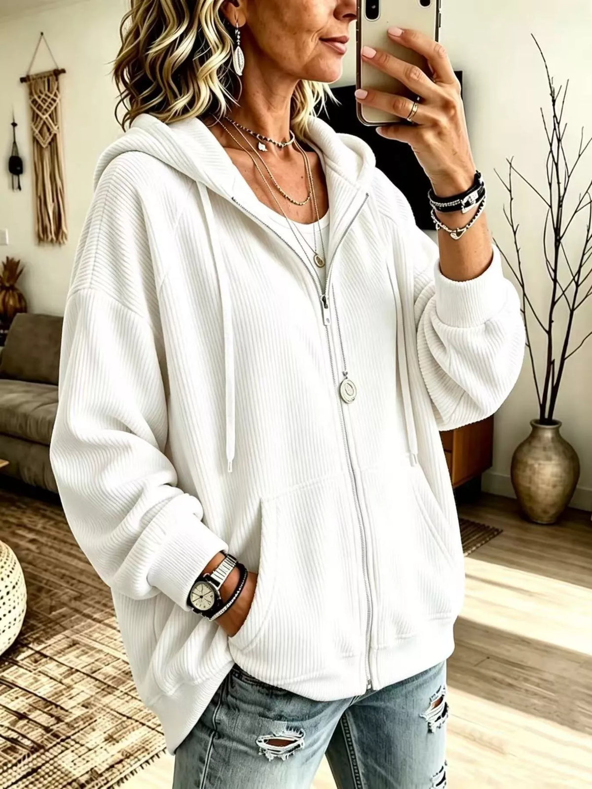 Ribbed Knit Quarter-Zip Hoodie with Kangaroo Pocket - Lilixa.store