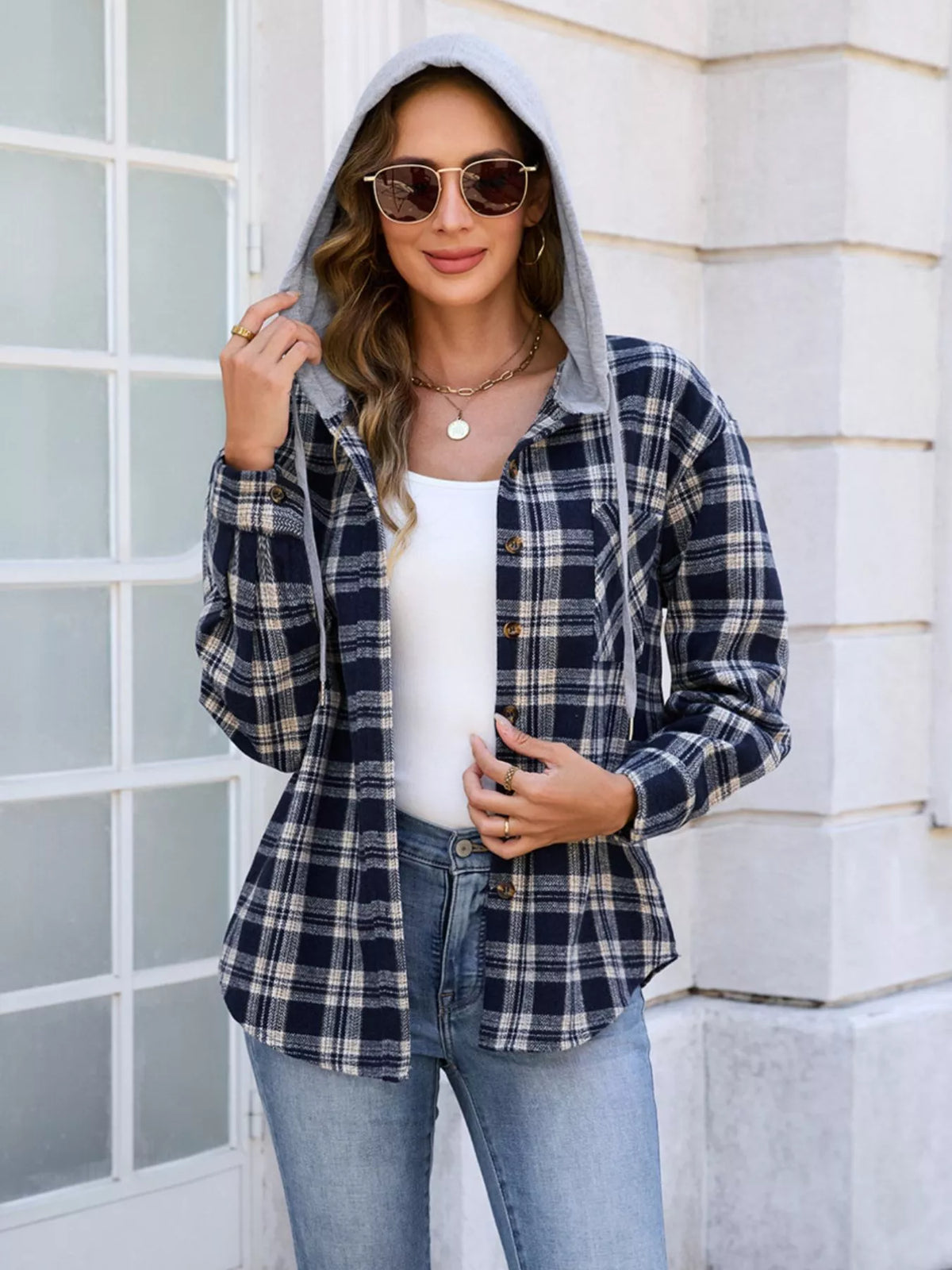 Hooded Plaid Button-Up Shacket, view 2