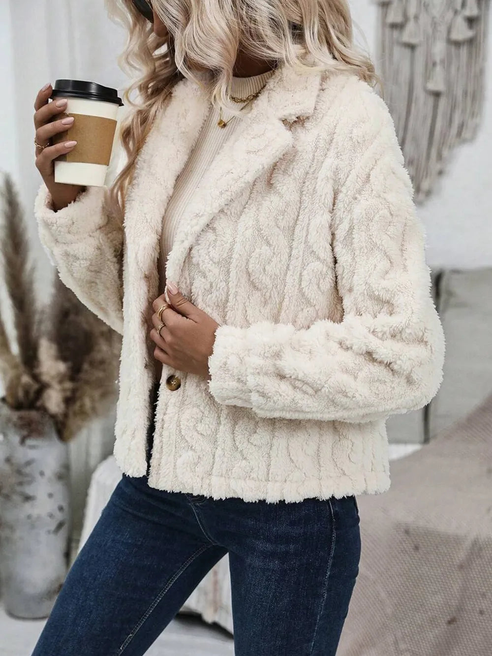 Fuzzy Button Up Collared Neck Jacket in Cream, view 5
