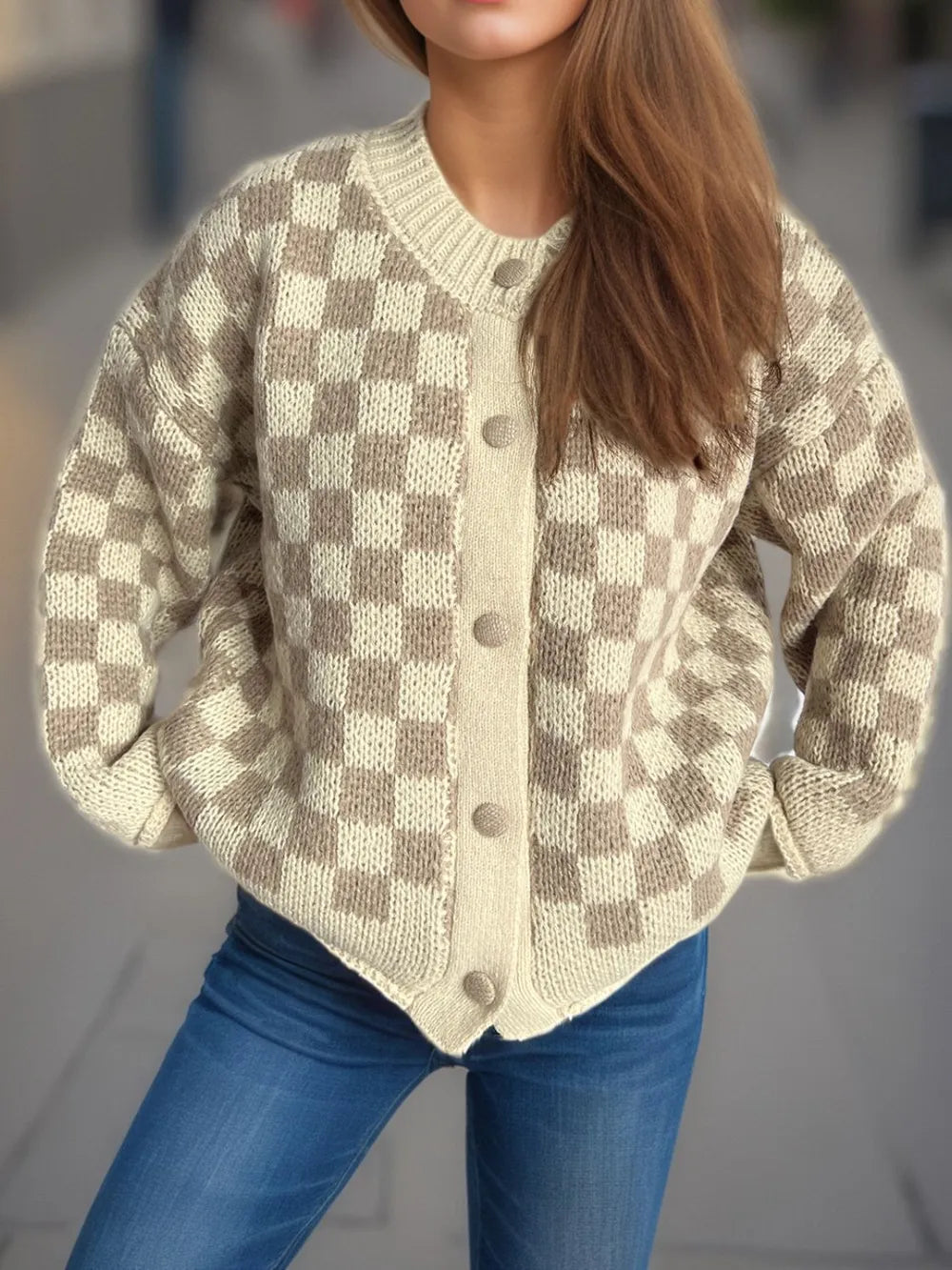 Checkered Button Up Round Neck Cardigan - Lilixa.store