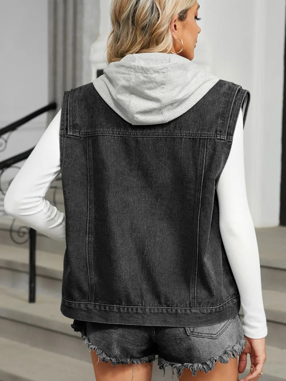 Pocketed Button Up Sleeveless Denim Jacket in Black, view 6