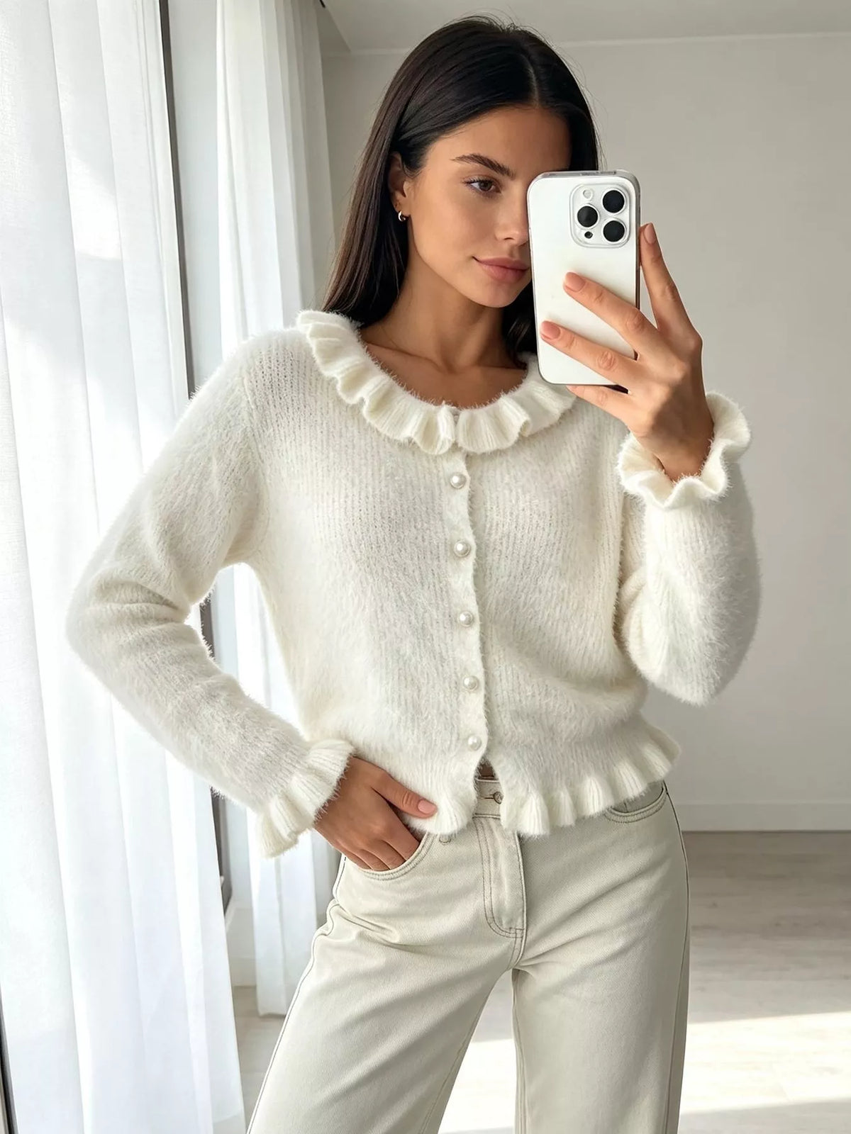 Soft Fuzzy Cardigan with Ruffled Collar and Pearl Buttons in White