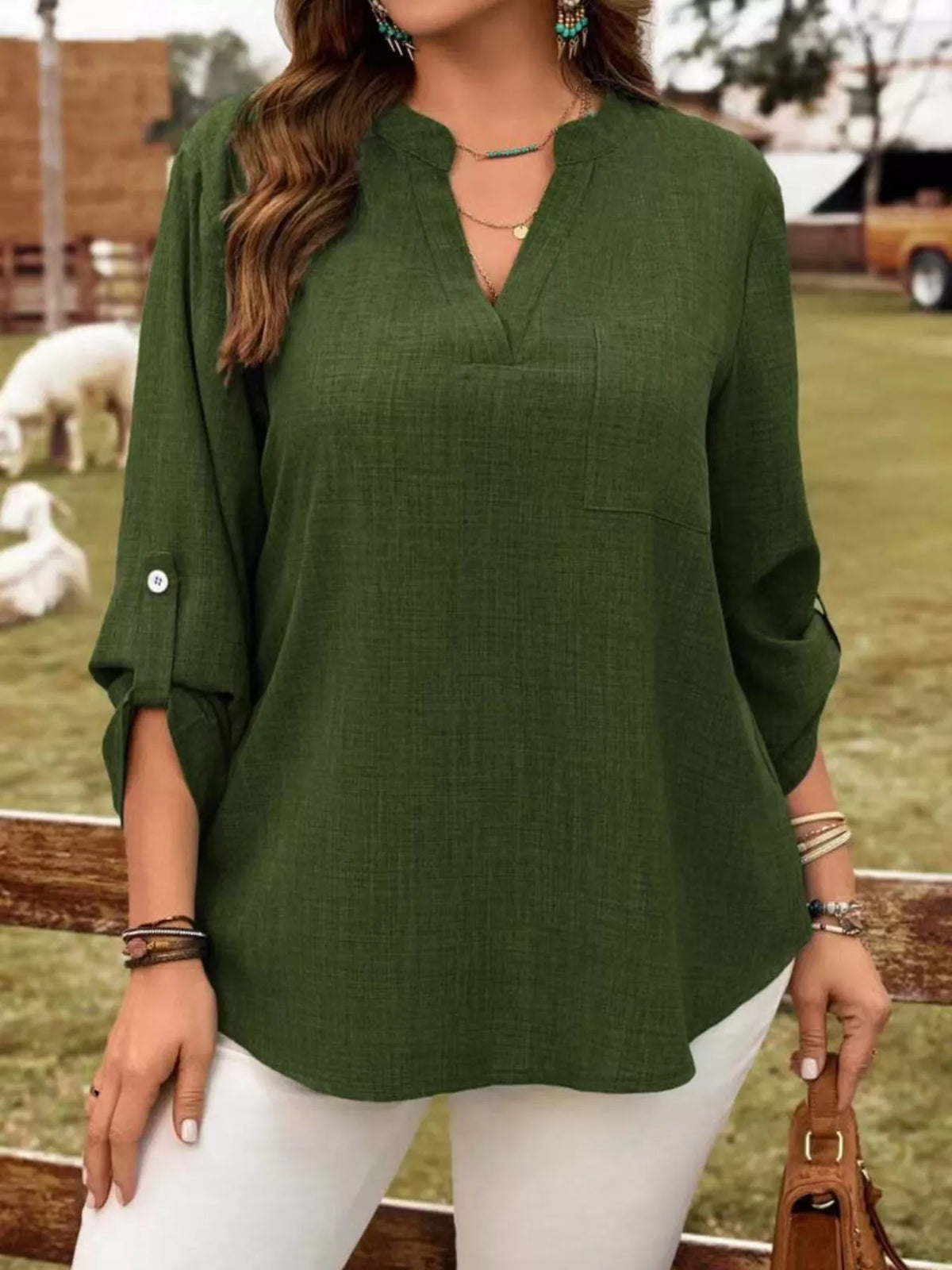 Plus Size Notched Roll-Tab Sleeve Casual Blouse - Lilixa.store