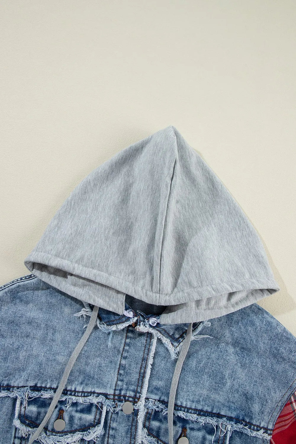 Raw Hem Drawstring Plaid Denim Jacket, view 2