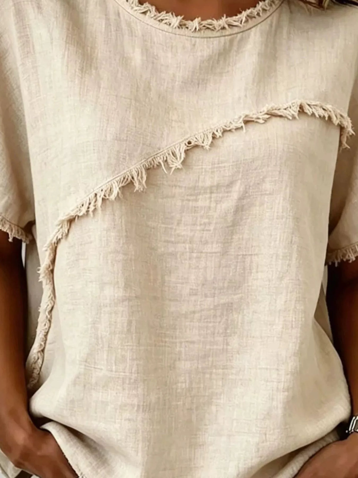 Full Size Frayed Hem Short Sleeve Top Plus Size - Lilixa.store