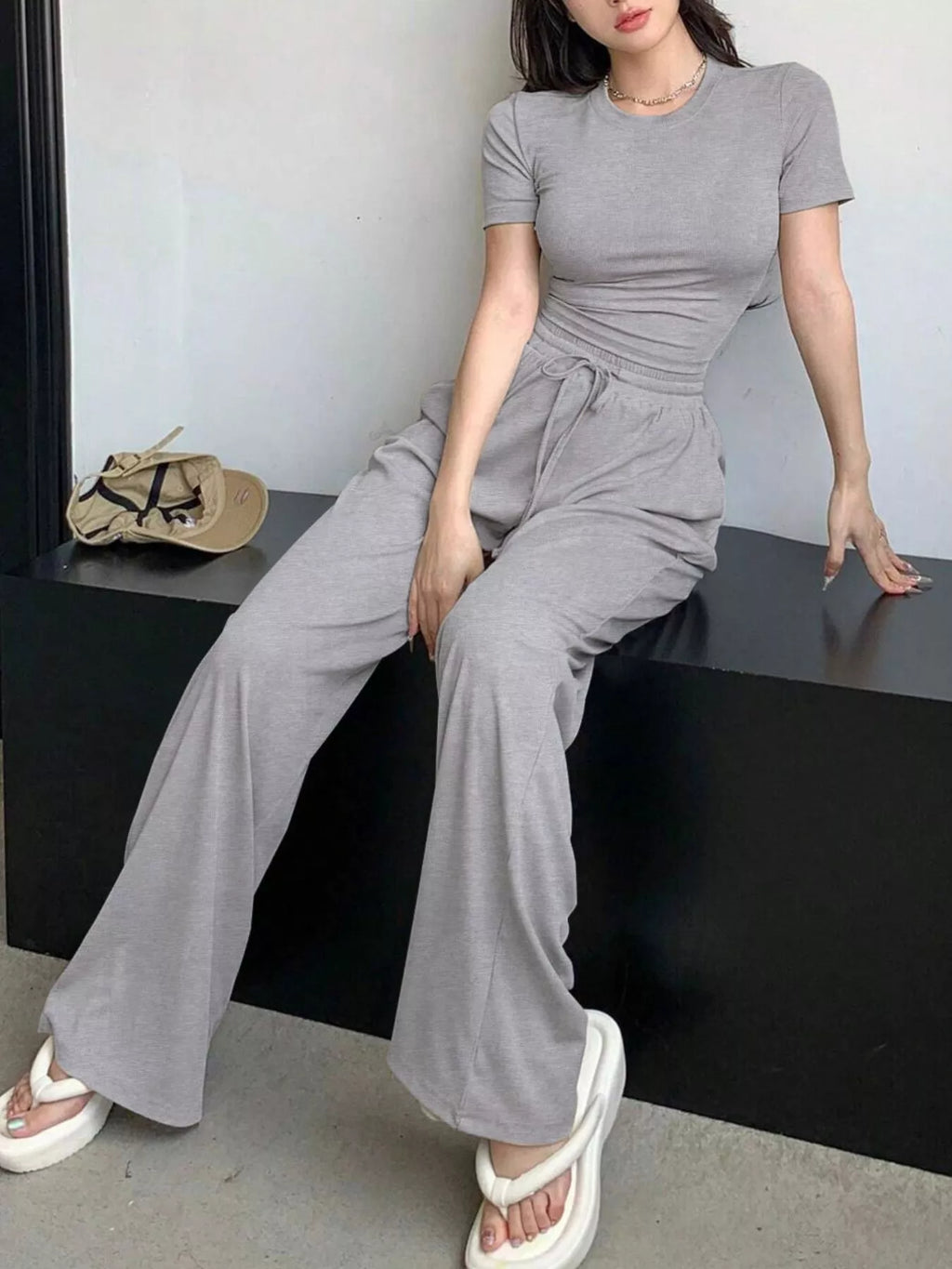 Solid Color Short Sleeve Crop Top and Wide Leg Pants Set - Lilixa.store