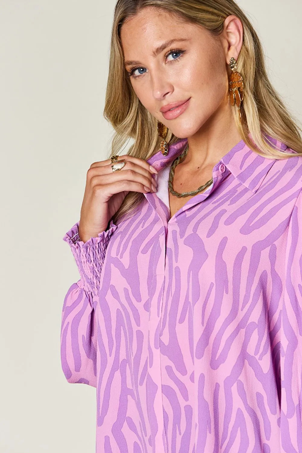 Double Take Full Size Printed Smocked Long Sleeve Blouse Plus Size - Lilixa.store
