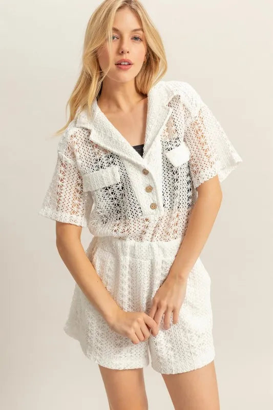 HYFVE Crochet Button Front Short Sleeve Romper - Lilixa.store