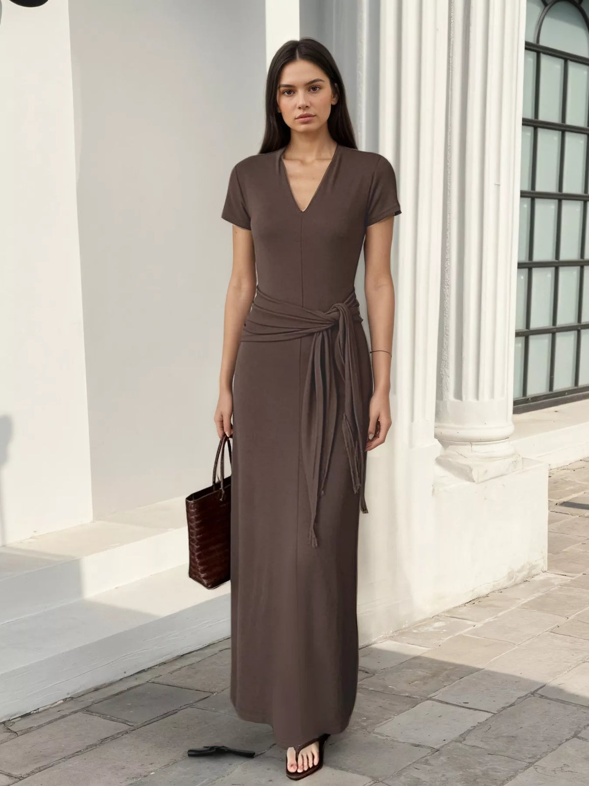 V-Neck Short Sleeve Maxi Dress with Waist-Tie Detail - Lilixa.store