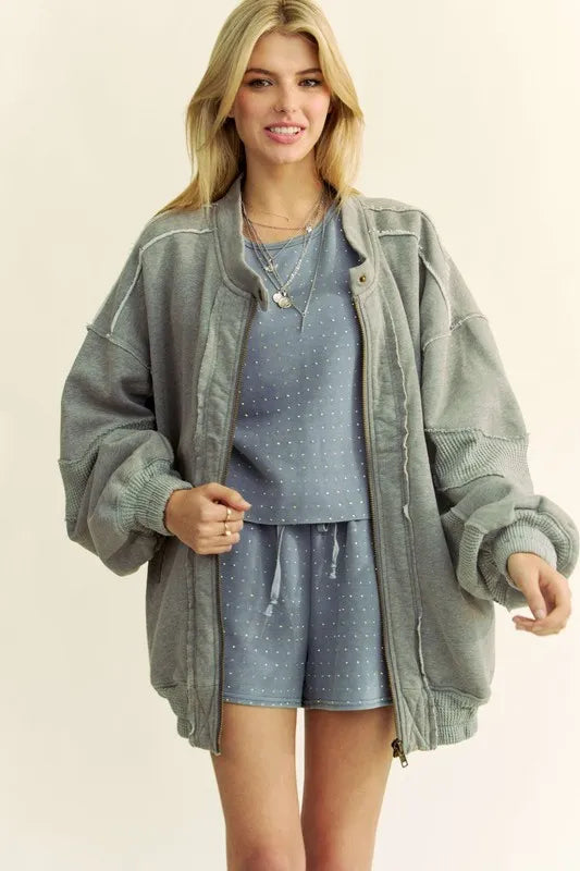 Davi & Dani Exposed Seam Zip Up Dropped Shoulder Jacket in Grey, view 5