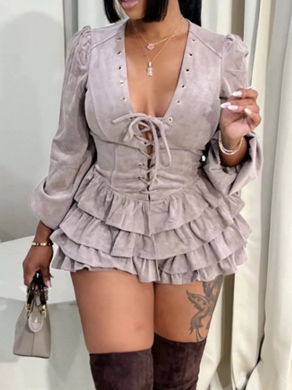 Lace-Up Ruffle Hem Long Sleeve Mini Dress - Lilixa.store