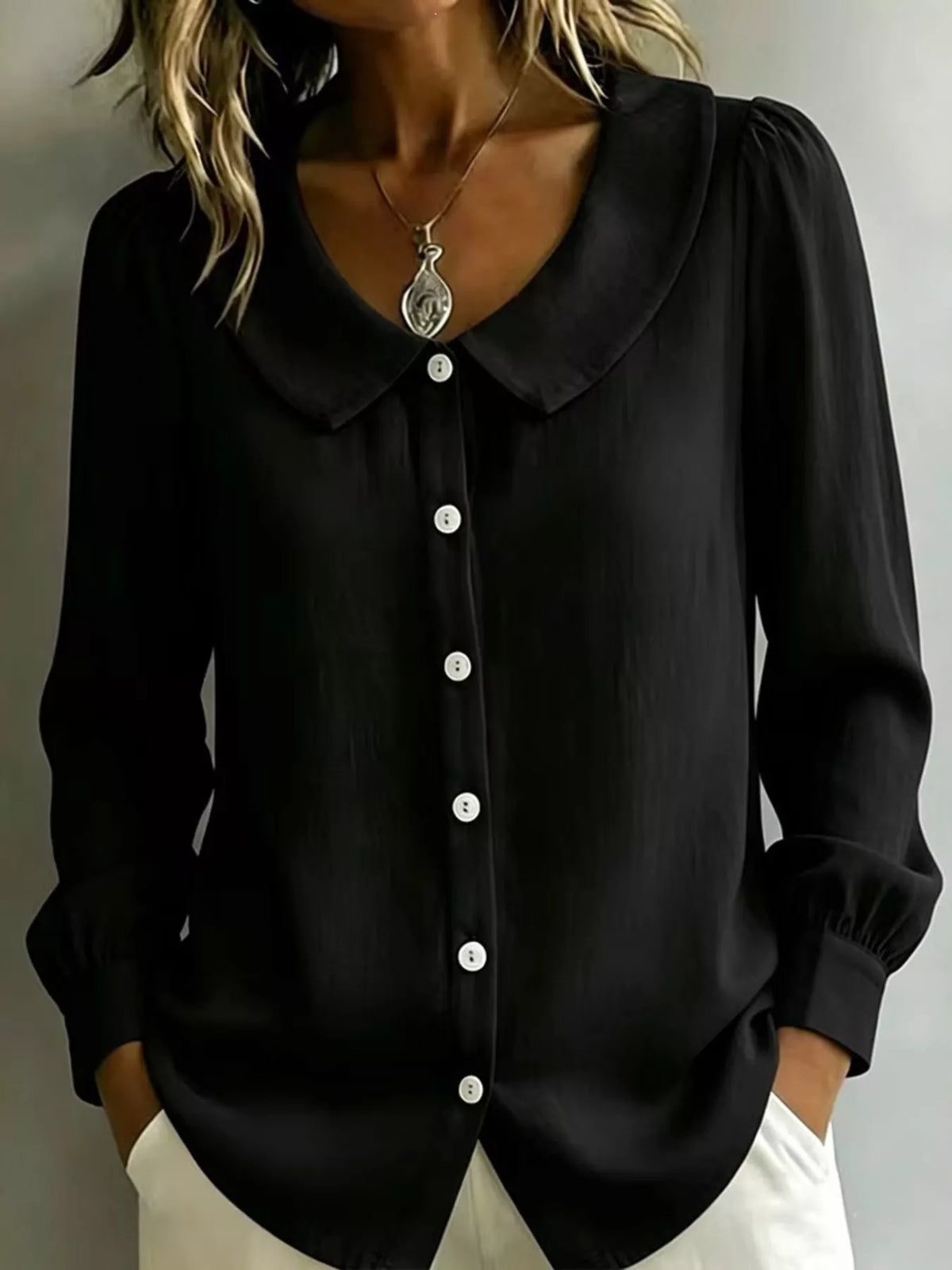 Full Size Peter Pan Collar Button-Down Shirt Plus Size - Lilixa.store