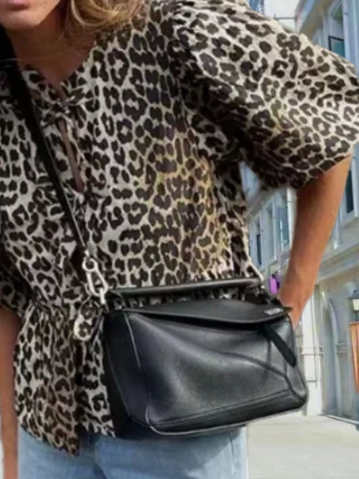 Leopard Print Puff Sleeve Blouse, view 3