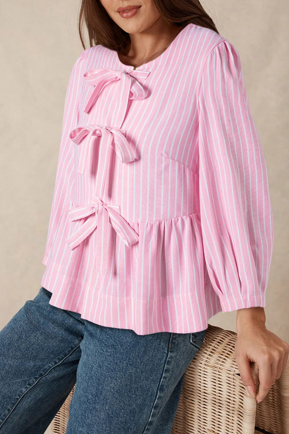 Tied Bow Striped Round Neck Blouse in Blush Pink, view 14