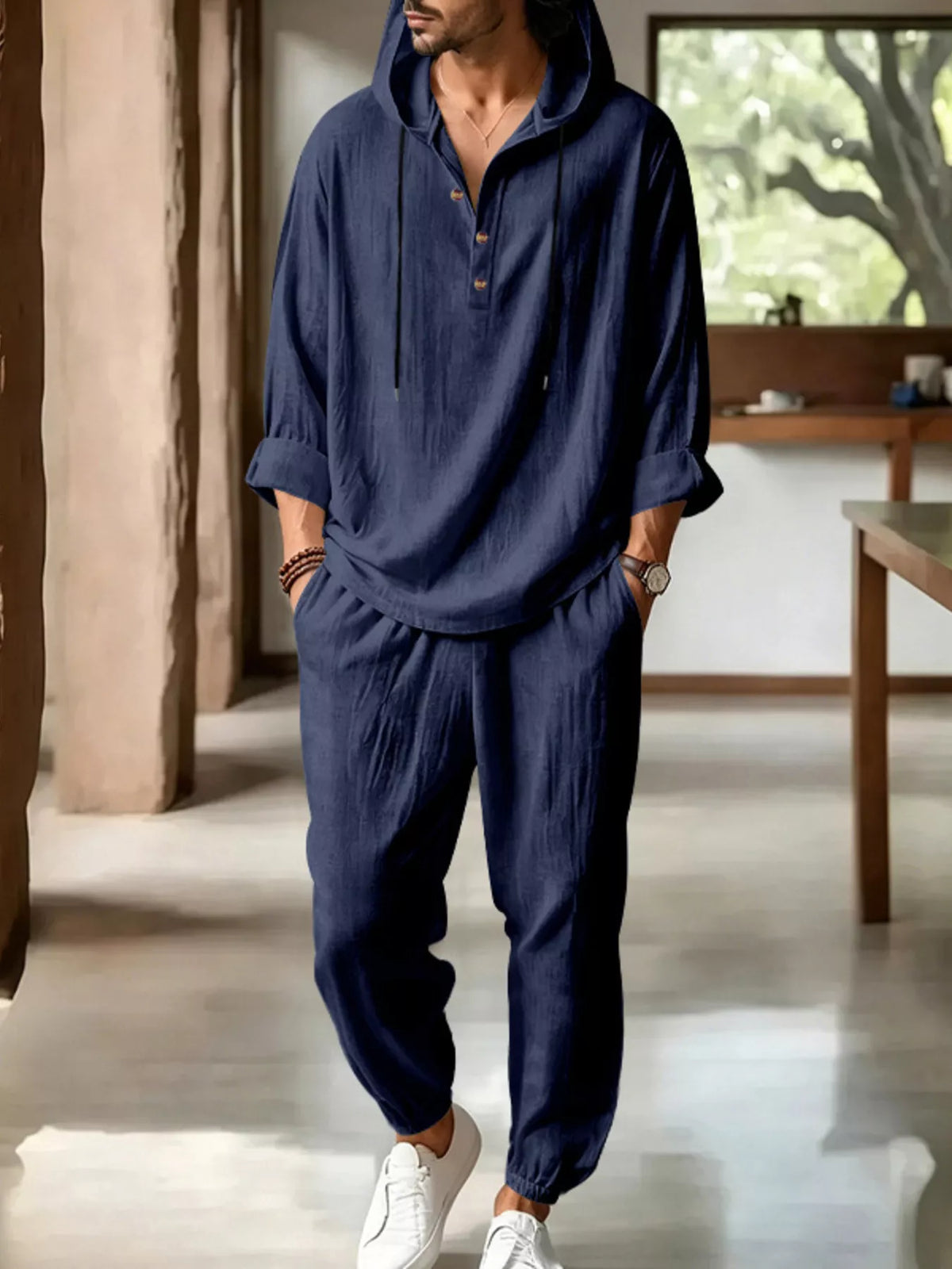 Men's Full Size Casual Button Detail Hooded Top and Pants Set Plus Size - Lilixa.store