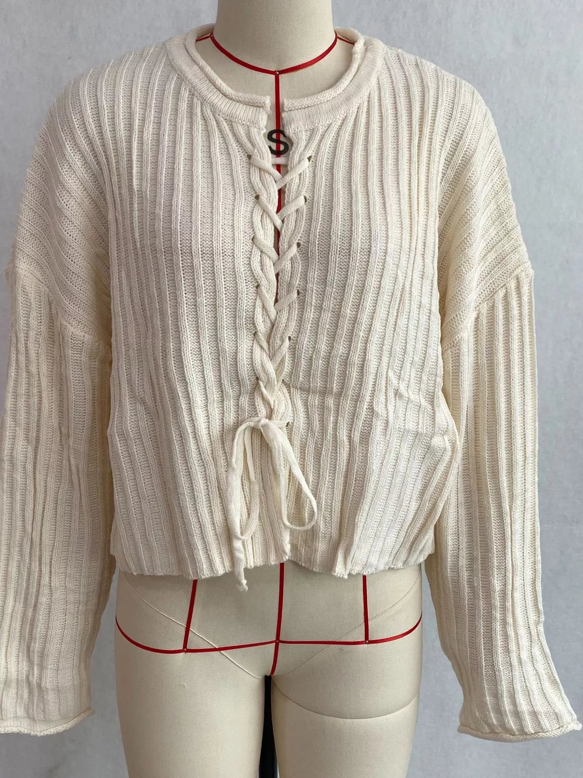 Ribbed Lace-Up Crop Sweater, view 2