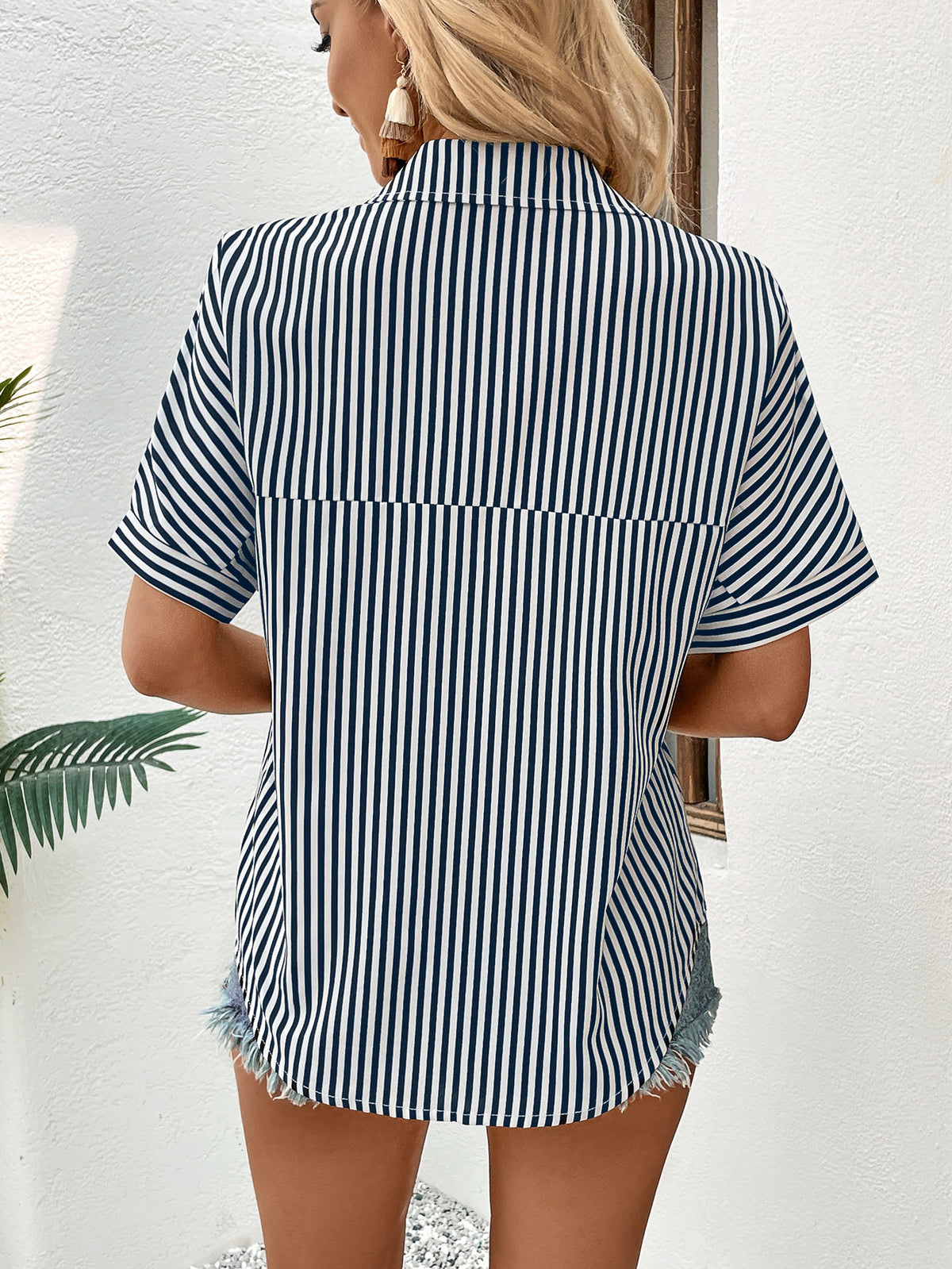 Perfee Lapel Collar Short Sleeve Blouse in Navy Stripe, view 2